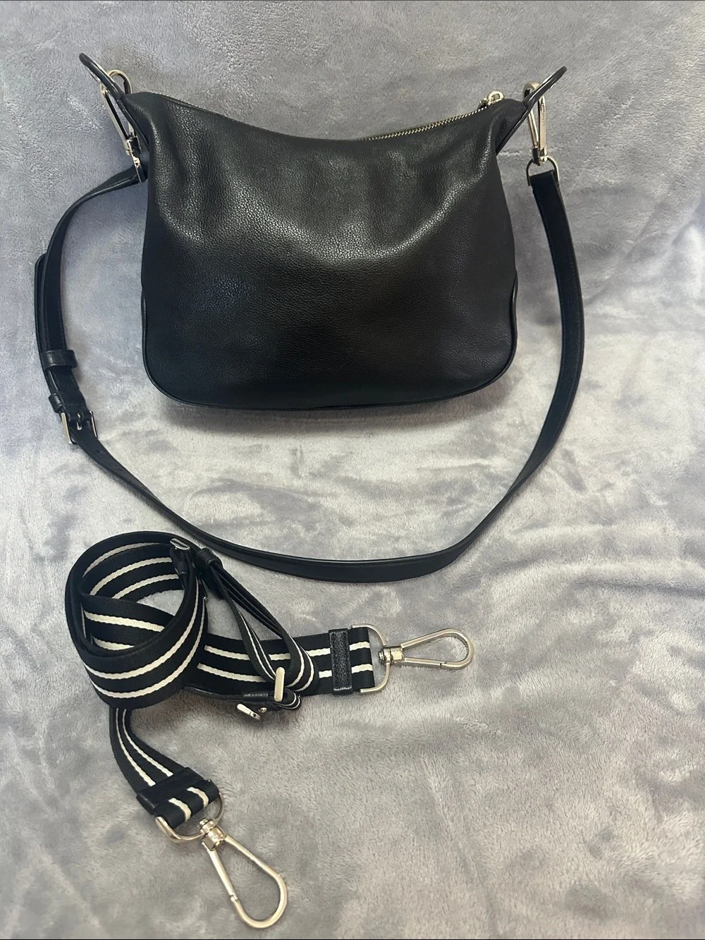 kate spade Black Leather Crossbody with Striped Canvas Strap